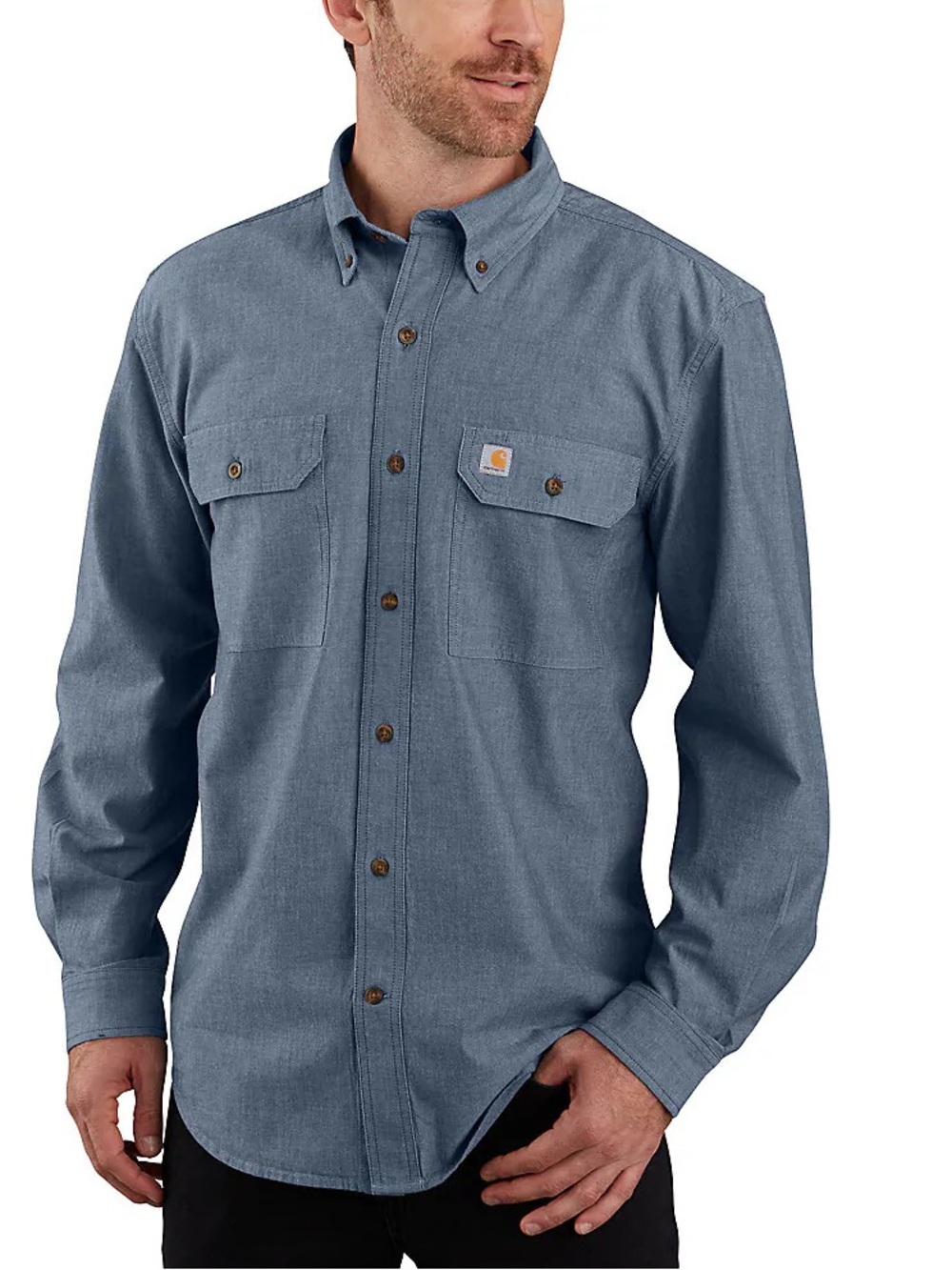 Carhartt Light Blue Relaxed Fit Chambray Shirt with Yellow Logo